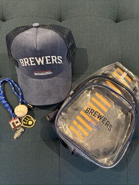 Milwaukee Brewers MLB Bundle Trucker Hat Clear Mini Backpack lanyard keychain